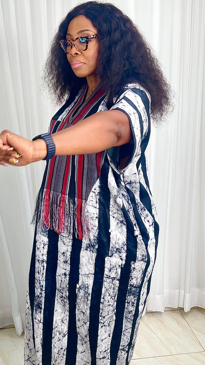 Eezzy Batik Brocade Blk/White/Red Kaftan Maxi Dress - 007