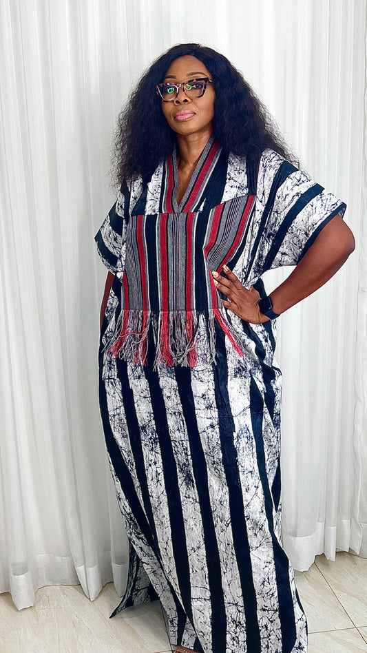 Eezzy Batik Brocade Blk/White/Red Kaftan Maxi Dress - 007