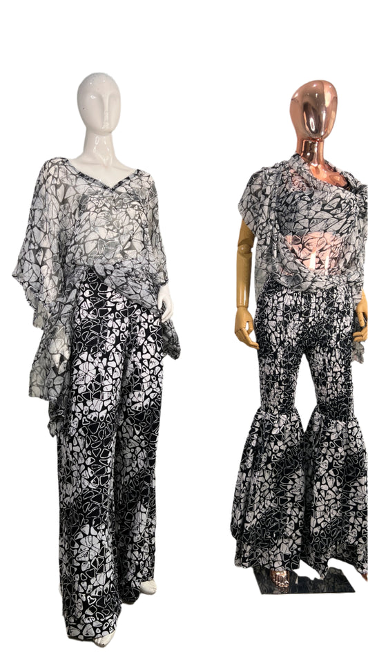 2Piece Summer Party Smocked Pant Set - Chiffon Top and Cotton Pants - 038 - Tall Length