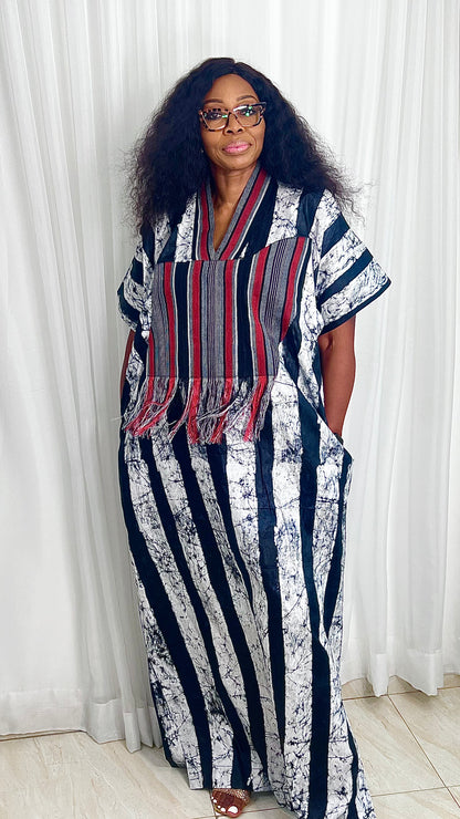 Eezzy Batik Brocade Blk/White/Red Kaftan Maxi Dress - 007