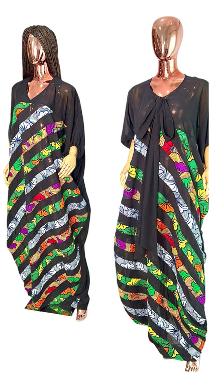 Patchwork Ankara Chiffon Kaftan - 085 Red Black