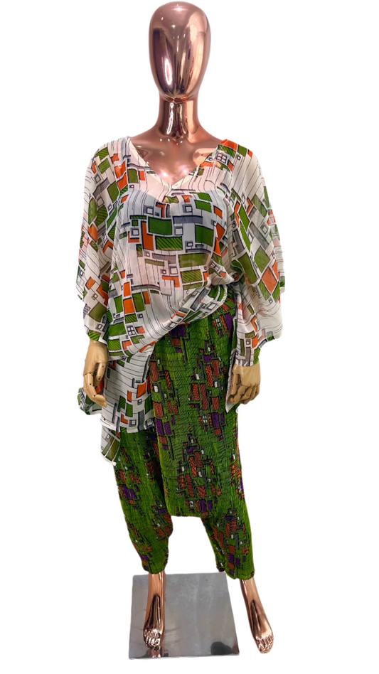 2Piece Summer Party Pant Set - Chiffon and Pleated Silk - 036