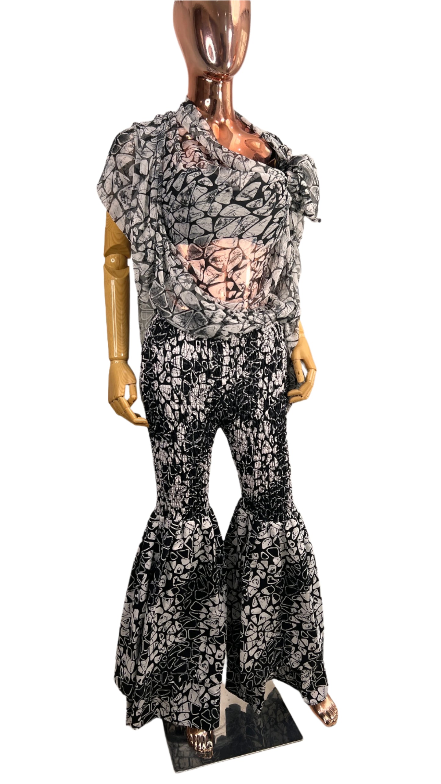 2Piece Summer Party Smocked Pant Set - Chiffon Top and Cotton Pants - 038 - Tall Length