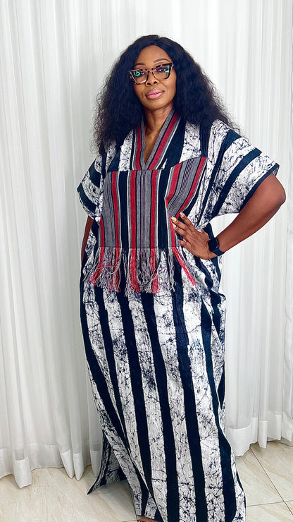 Eezzy Batik Brocade Blk/White/Red Kaftan Maxi Dress - 007