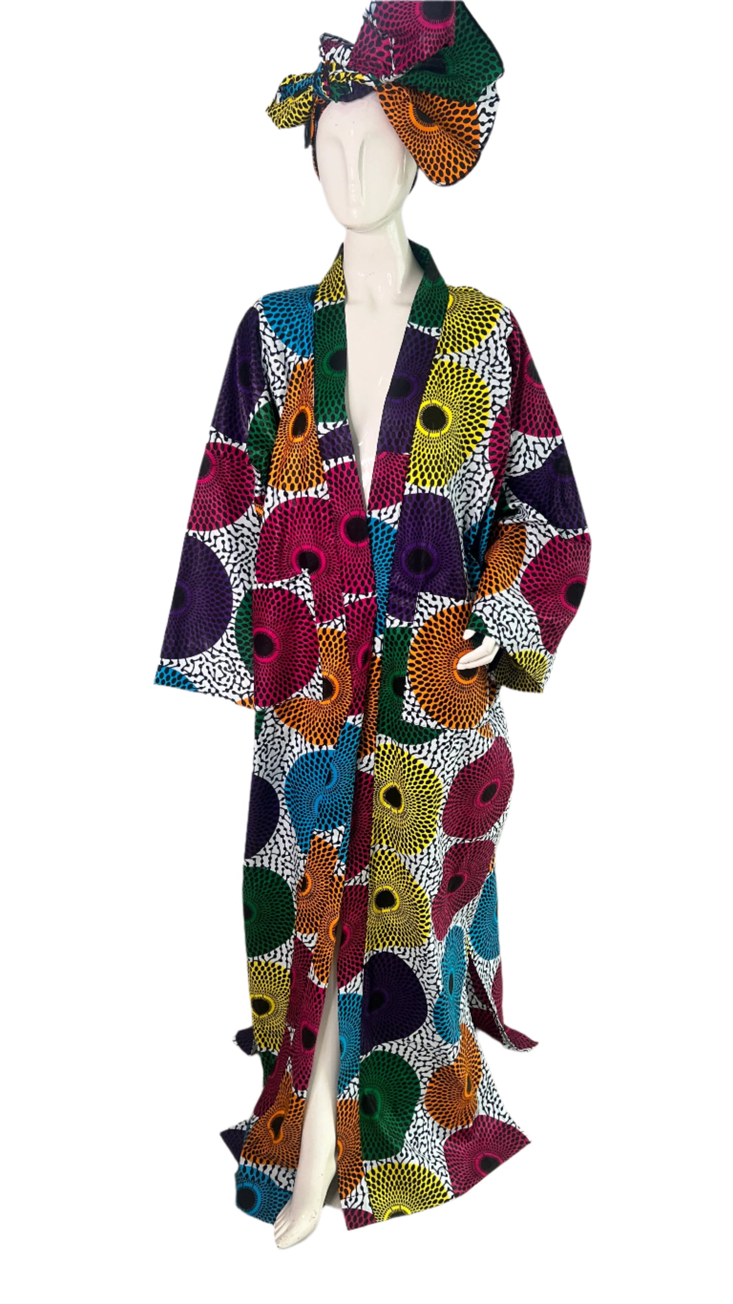African Print Ankara 100% Cotton Oversize duster Kimono with pockets and scarf - 046 Tall Length