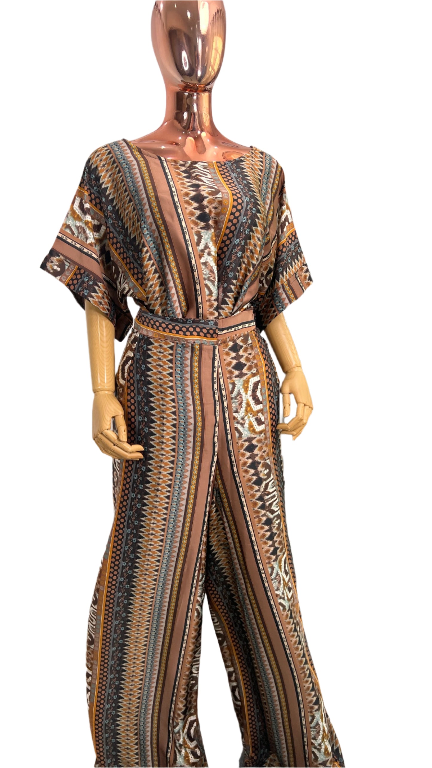 African Print Brown Silk Wrap pant set Summer Party - 078 - Tall Length