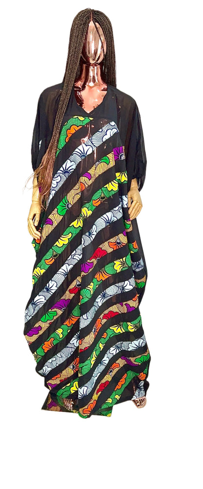 Patchwork Ankara Chiffon Kaftan - 085 Red Black