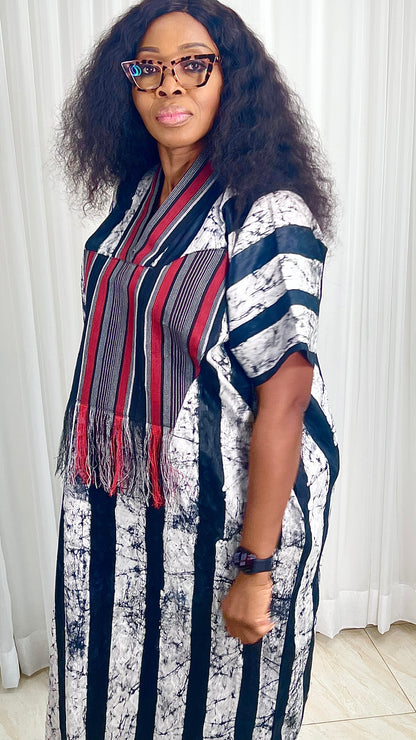 Eezzy Batik Brocade Blk/White/Red Kaftan Maxi Dress - 007