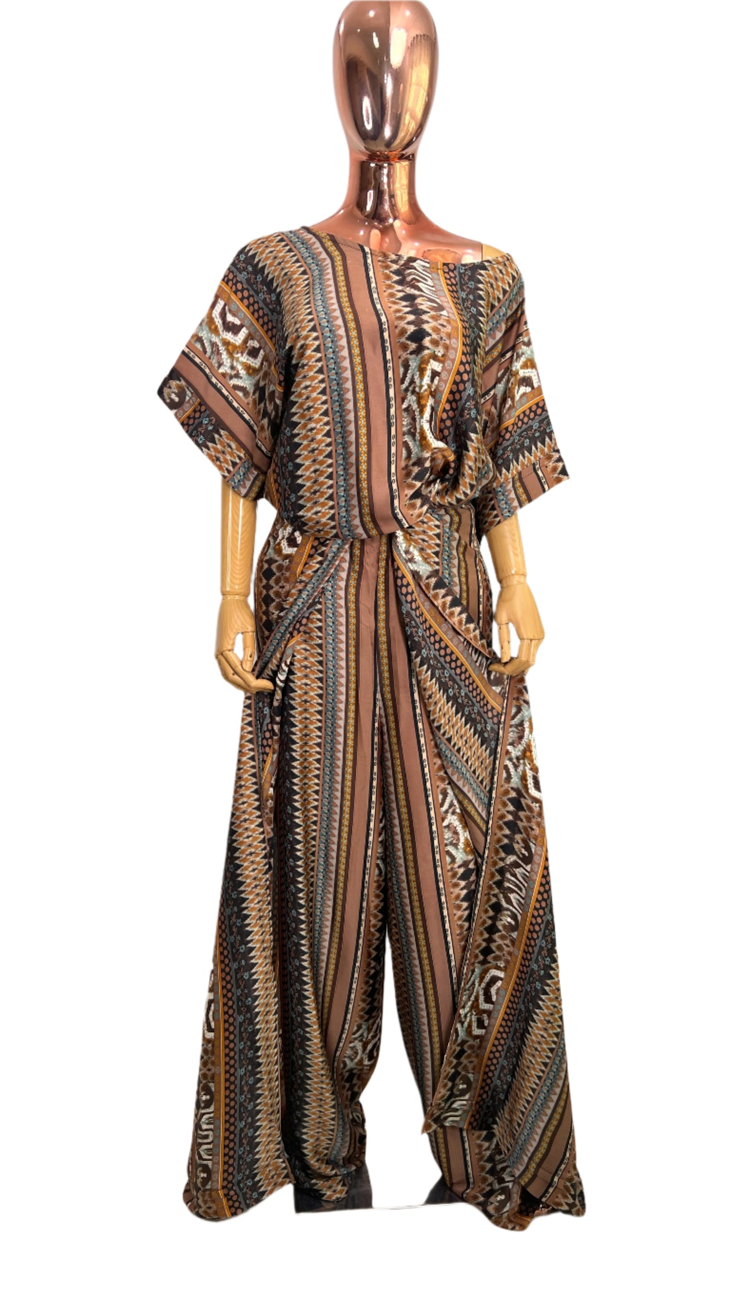African Print Brown Silk Wrap pant set Summer Party - 078 - Tall Length