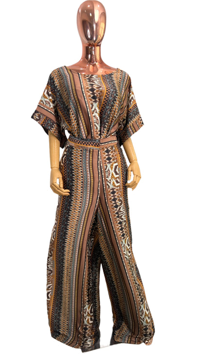 African Print Brown Silk Wrap pant set Summer Party - 078 - Tall Length