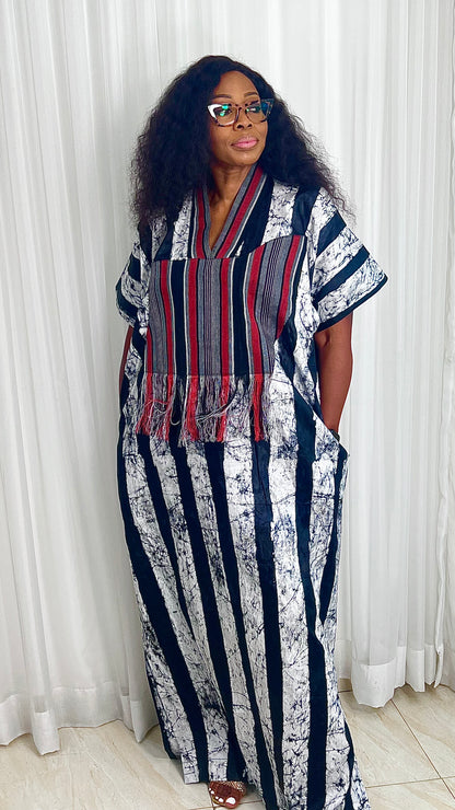 Eezzy Batik Brocade Blk/White/Red Kaftan Maxi Dress - 007