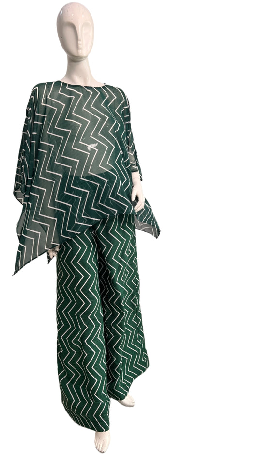Green chiffon silk Pant Suit with pockets Summer Party - 088- Tall Length