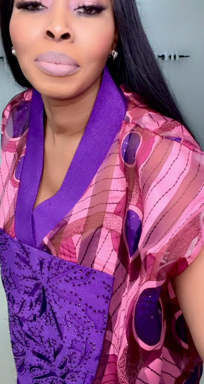 Purple Stripe Organza Kaftan with stoned front - 086