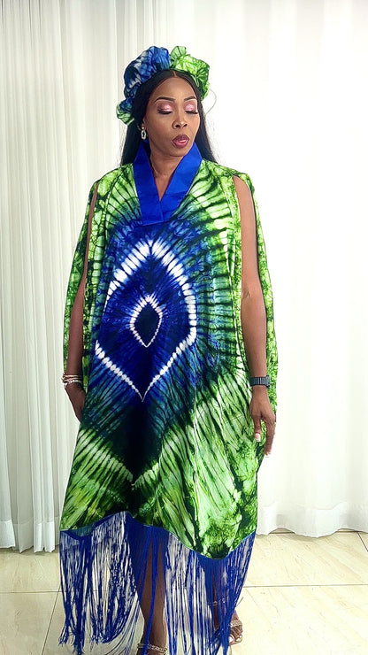 Adire/Tye Dye silk kaftan/BouBou/Caftan Shirt dress Summer/Beach wear Evening wear maxi/gown - 050