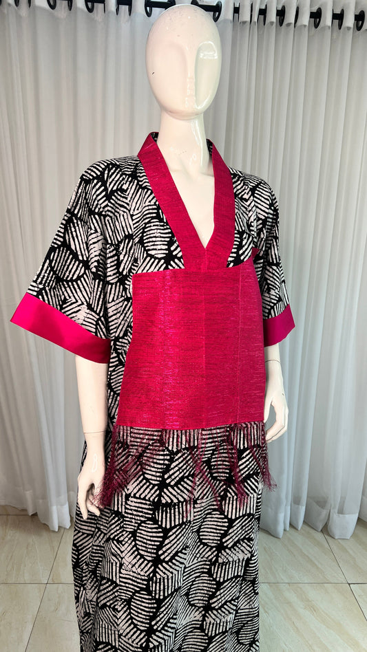 Eezzy Batik Cotton Blk/White/Pink Kaftan Maxi Dress - 013