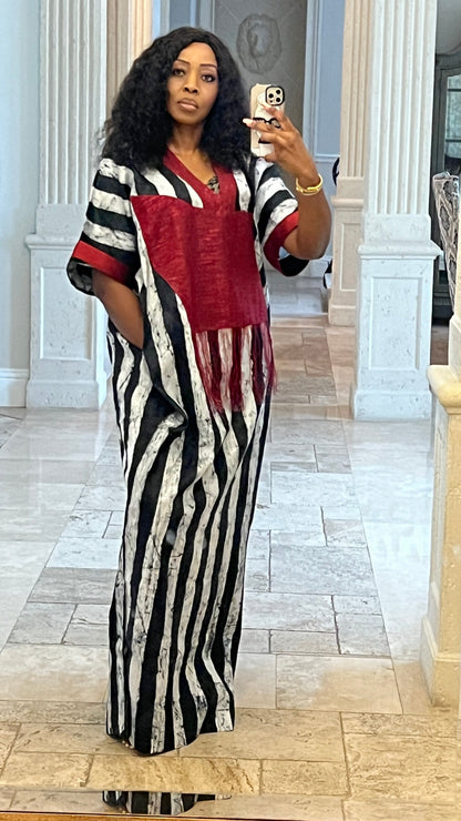 Eezzy Batik Brocade Blk/White/Red Kaftan Maxi Dress - 007