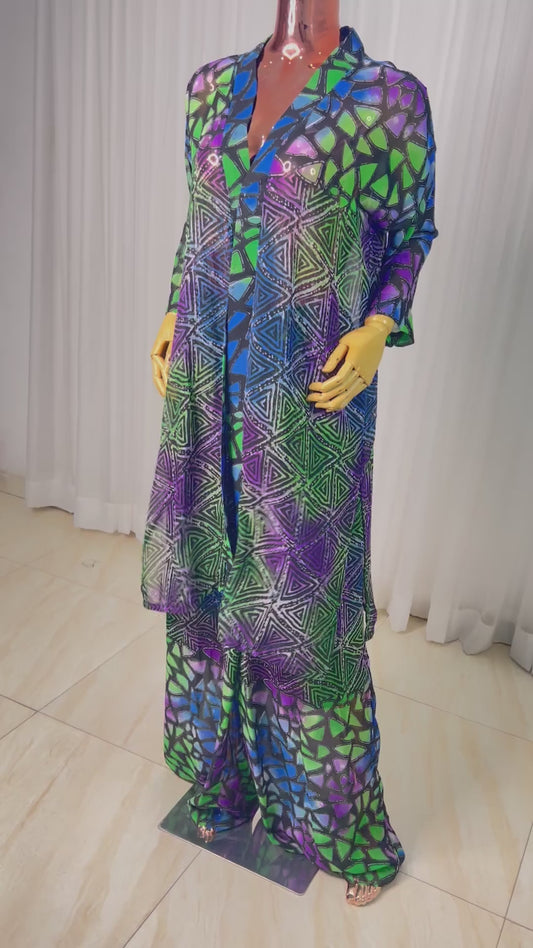 2Piece Summer Party Kimono and Pant Set - Chiffon - Tall Length - MUNA